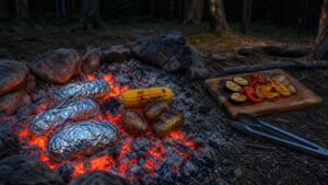 Pieczenie w żarze ziemniaków, kukurydzy i warzywnych pakunków podczas biwaku