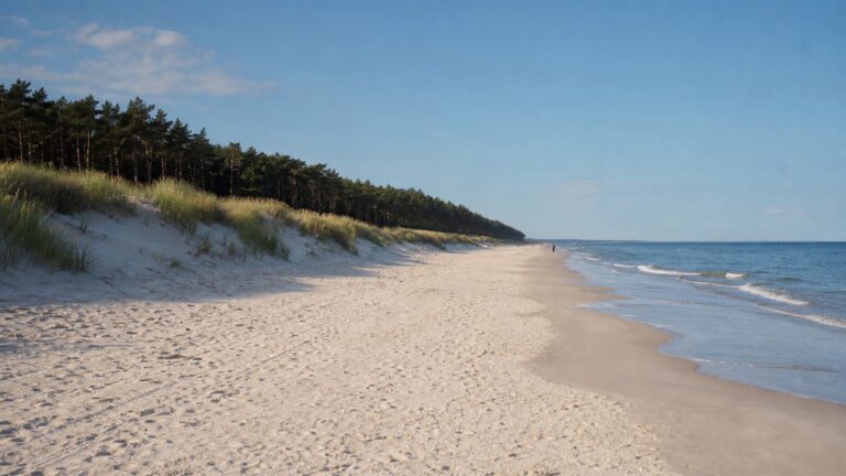 Spokojna szeroka plaża nad Bałtykiem z wydmami i lasem w tle