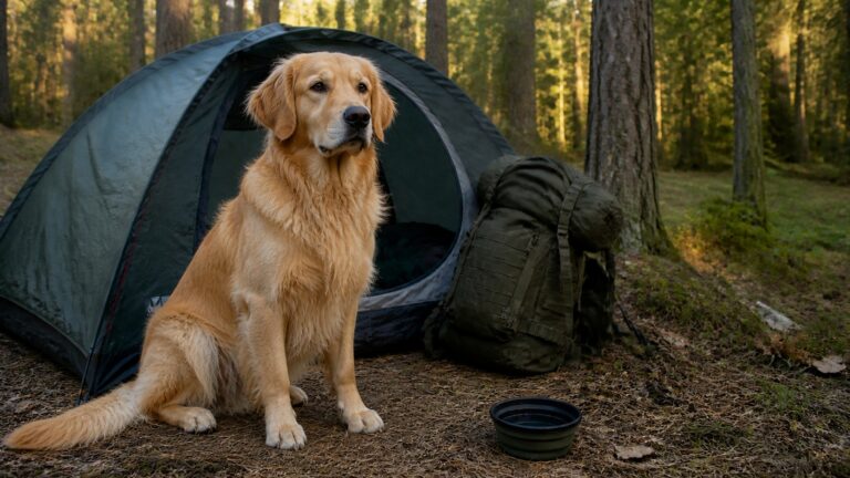 Golden Retriever przygotowany do wyprawy obok namiotu podczas biwaku w lesie