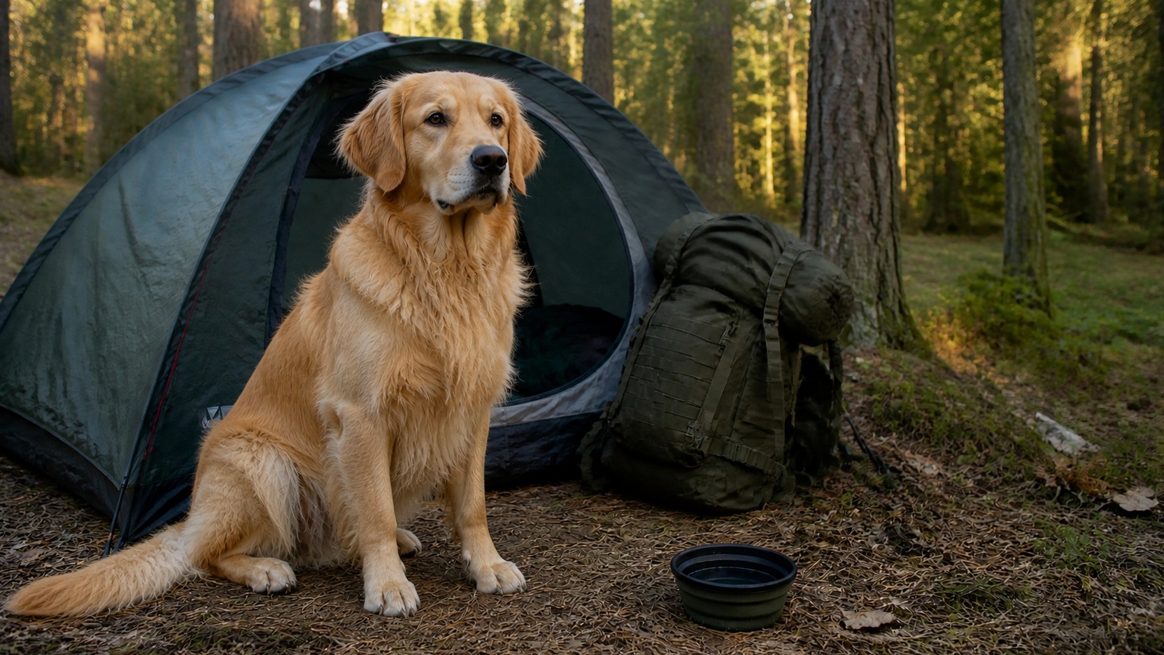 Golden Retriever przygotowany do wyprawy obok namiotu podczas biwaku w lesie