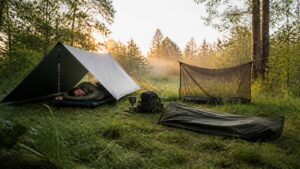 Moskitiera i bivy bag podczas letniego biwaku pod tarpem