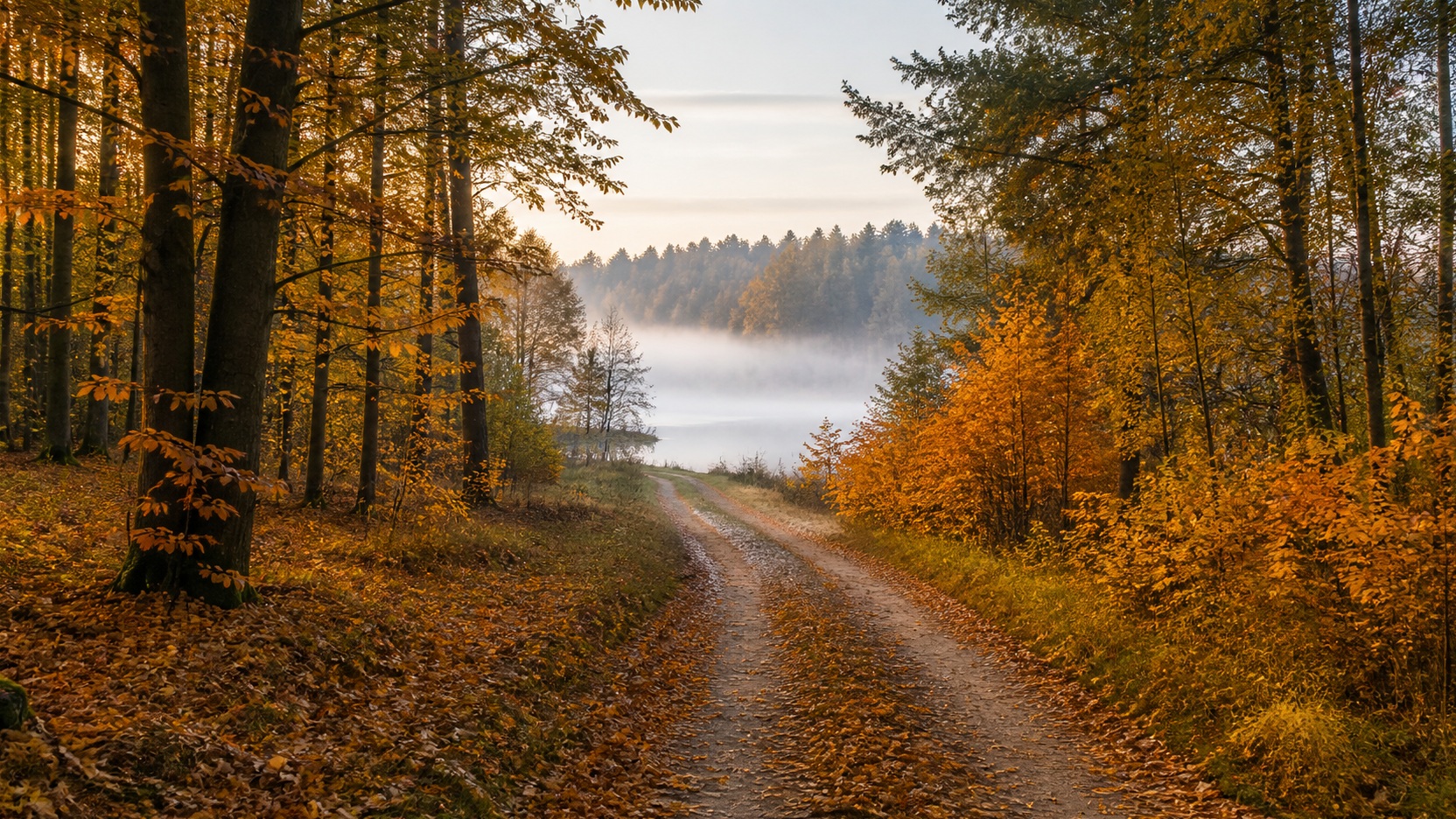 Spokojny jesienny krajobraz w Polsce z leśną drogą, jeziorem i poranną mgłą