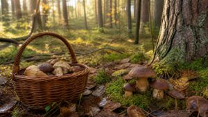 Najlepsze miejsca na grzybobranie w Polsce — koszyk grzybów w jesiennym lesie
