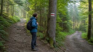 Oznaczenia szlaków na drzewie przy leśnym rozwidleniu