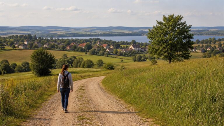 Slow travel w Polsce – turysta na spokojnej drodze wśród łąk i jezior