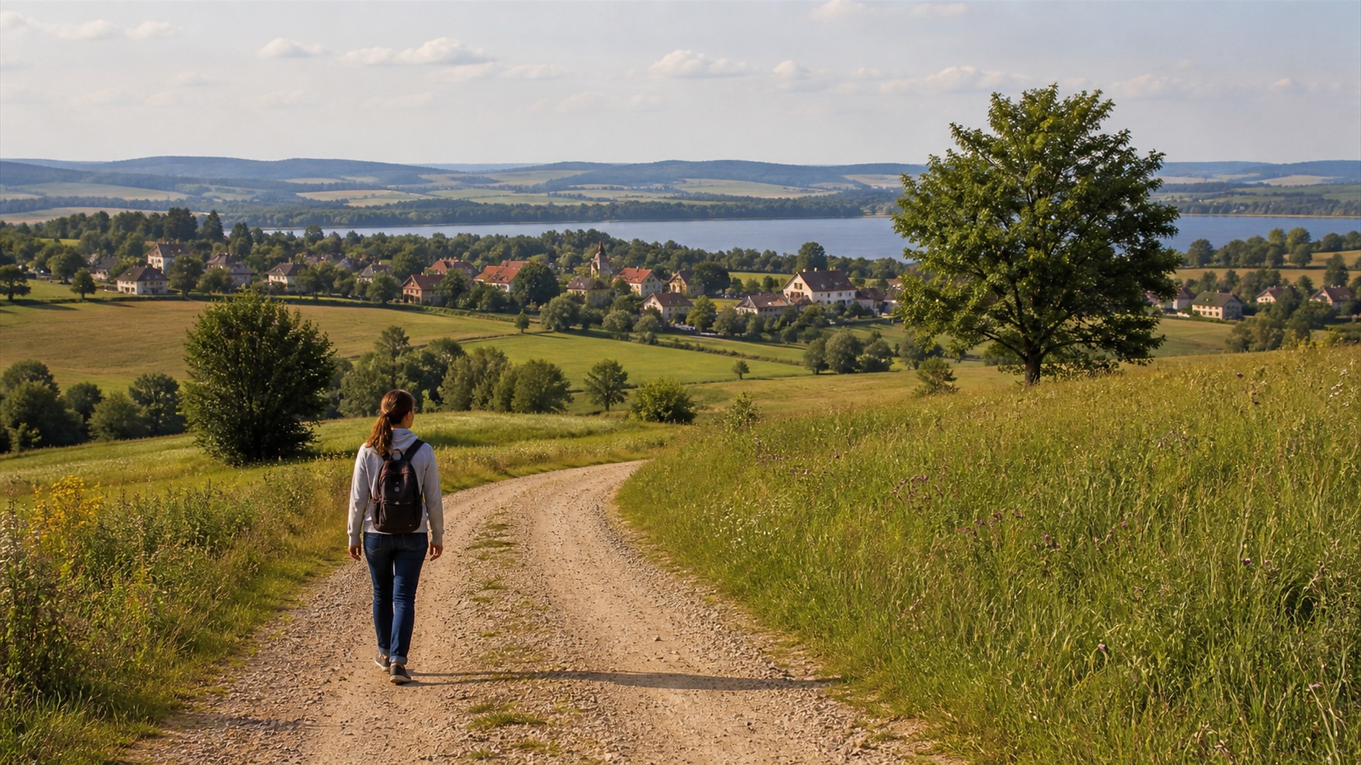 Slow travel w Polsce – turysta na spokojnej drodze wśród łąk i jezior