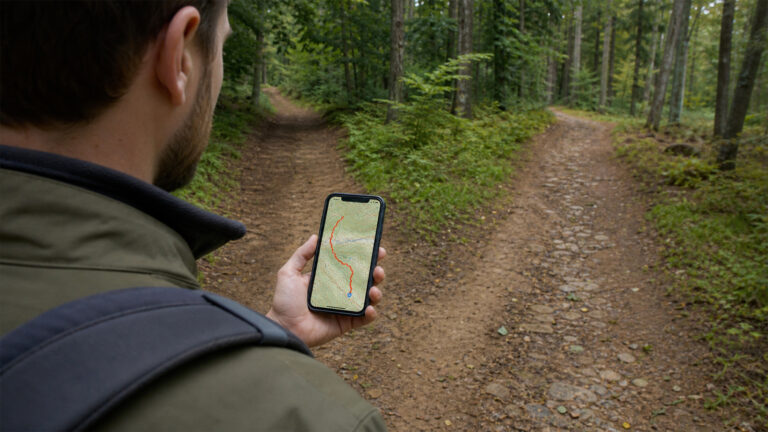 Tracki GPX wyświetlone na smartfonie podczas wędrówki leśnym szlakiem