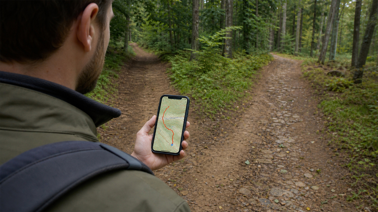 Tracki GPX wyświetlone na smartfonie podczas wędrówki leśnym szlakiem