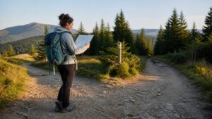 Trekking solo kobiet – turystka sprawdzająca mapę na górskim szlaku