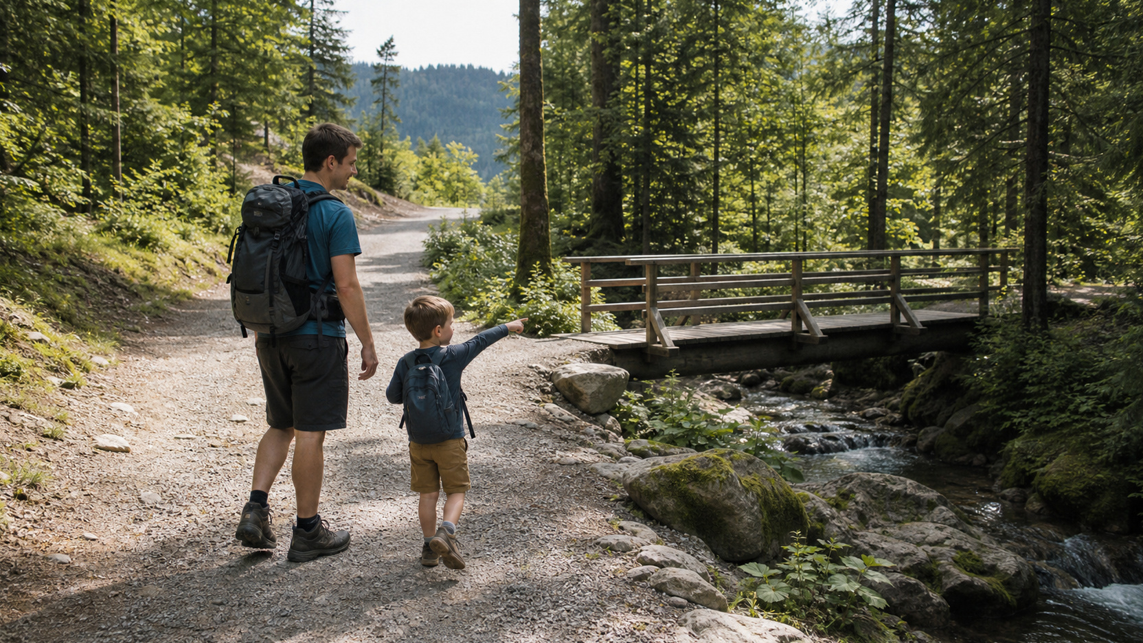 Rodzic z dzieckiem podczas pierwszego trekkingu na łagodnym szlaku górskim