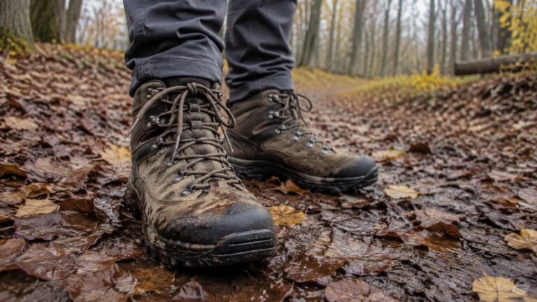 Buty trekkingowe na mokrym jesiennym szlaku w lesie