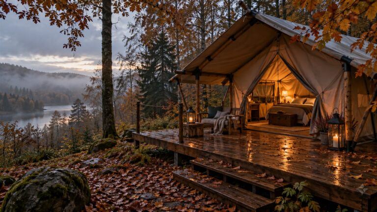 Jesienny glamping z ogrzewanym namiotem na skraju lasu
