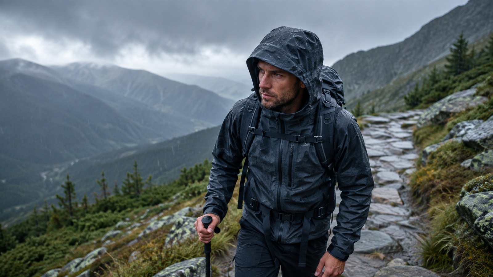 Najlepsze kurtki przeciwdeszczowe na biwak i trekking — turysta w deszczu na górskim szlaku