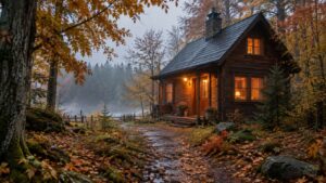 Noclegi w naturze jesienią w drewnianym domku przy lesie
