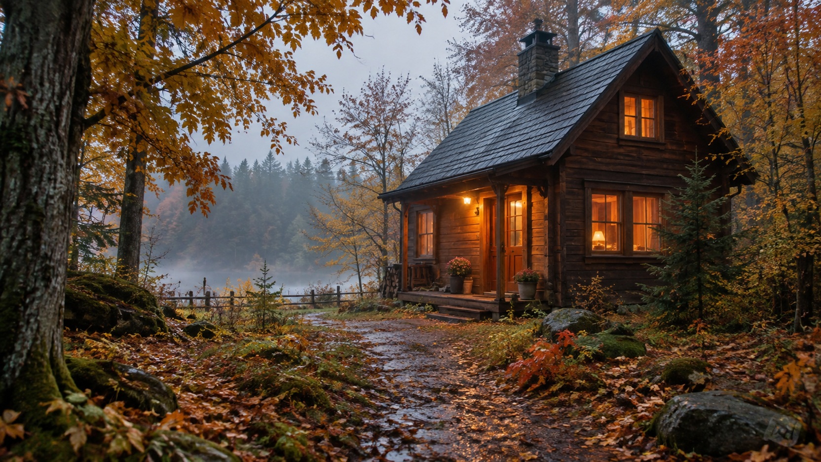 Noclegi w naturze jesienią w drewnianym domku przy lesie