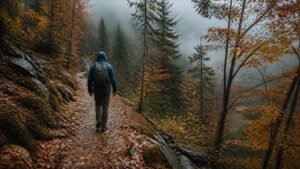 Turysta na jesiennym szlaku podczas trekkingu w chłodną i wilgotną pogodę