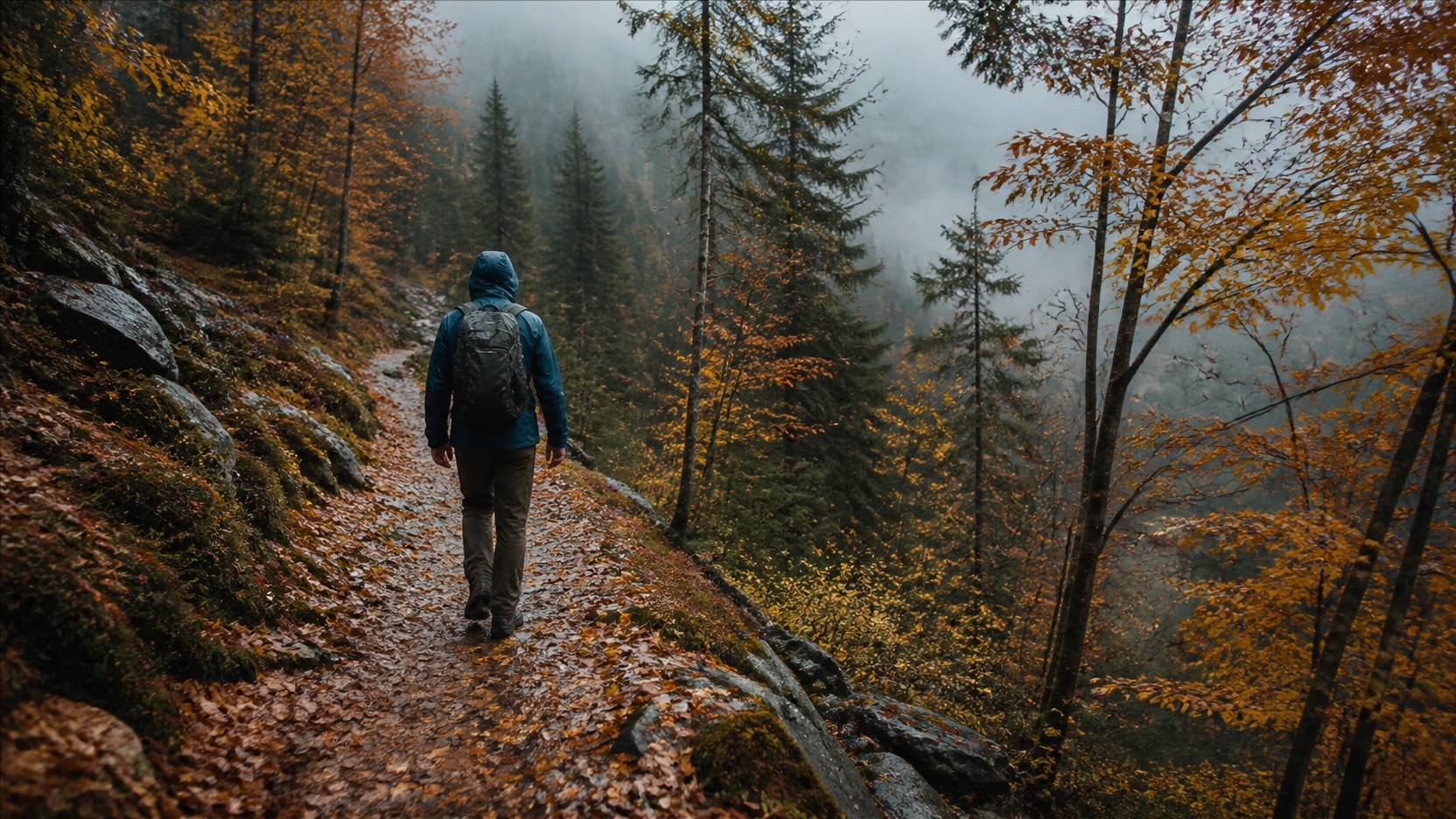 Turysta na jesiennym szlaku podczas trekkingu w chłodną i wilgotną pogodę