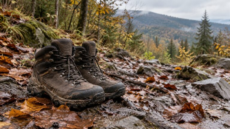 Buty trekkingowe na mokrym jesiennym szlaku z błotem, liśćmi i kamieniami