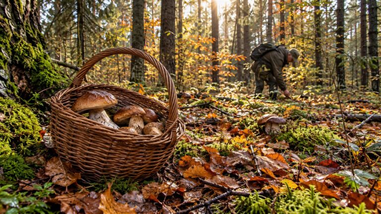 Gdzie na grzybobranie — grzybiarz z koszem w jesiennym polskim lesie