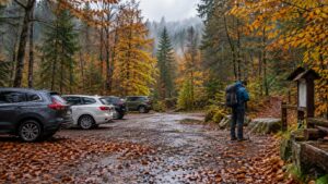 Leśne parkingi jesienią i turysta przygotowujący się do wejścia na trasę