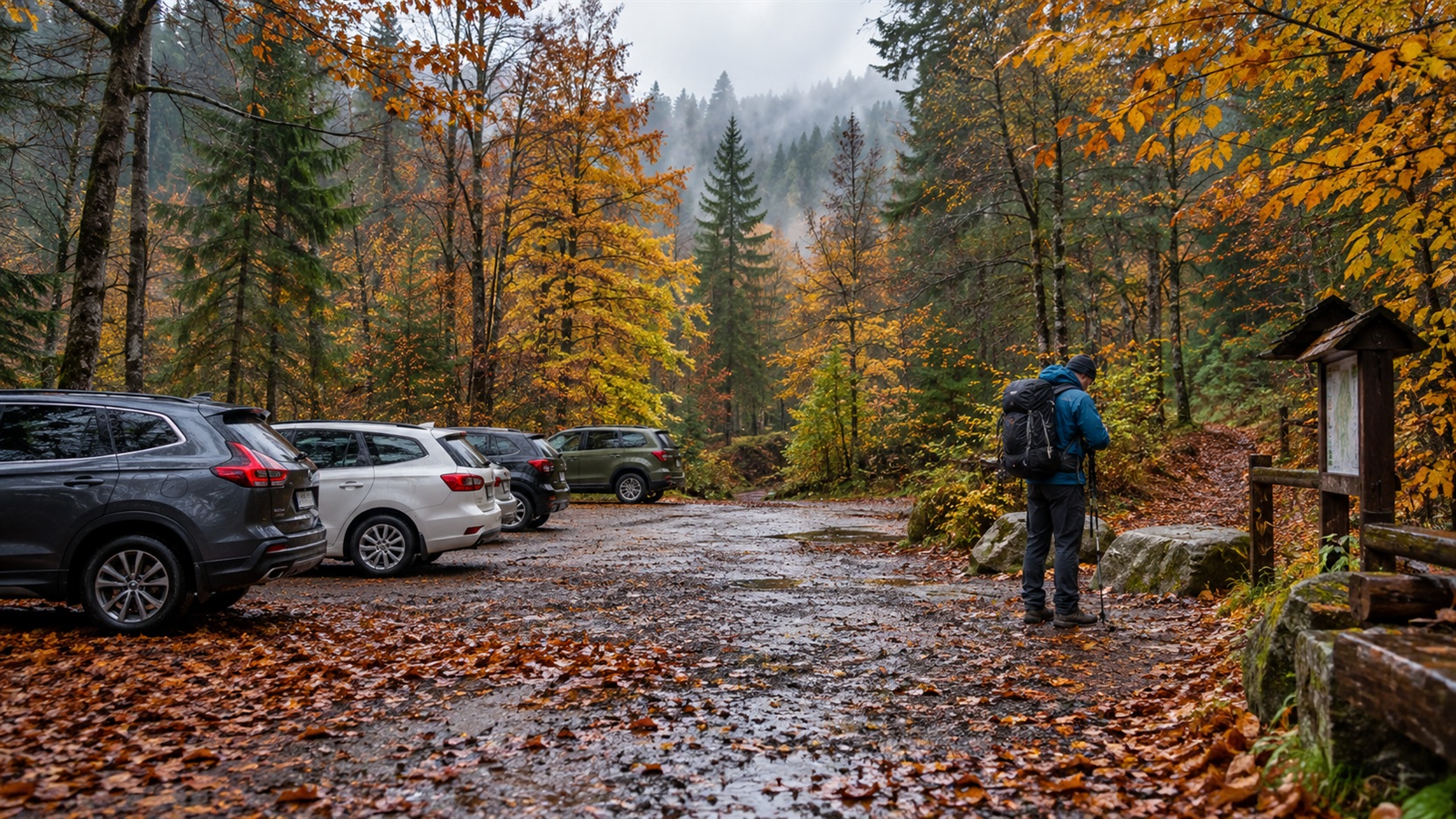 Leśne parkingi jesienią i turysta przygotowujący się do wejścia na trasę